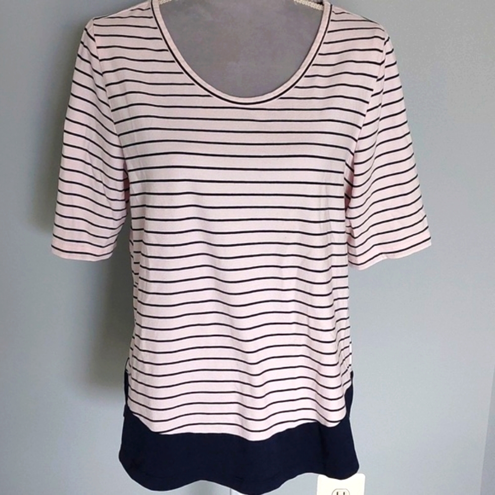 Jones New York pink and black striped short sleeve cotton knit top, size L